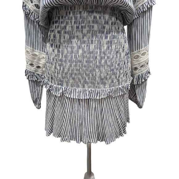 Aqua Anthropologie Striped Smocked Long Sleeve Crochet Tassel Tie Mini Dress, XS - Picture 9 of 14